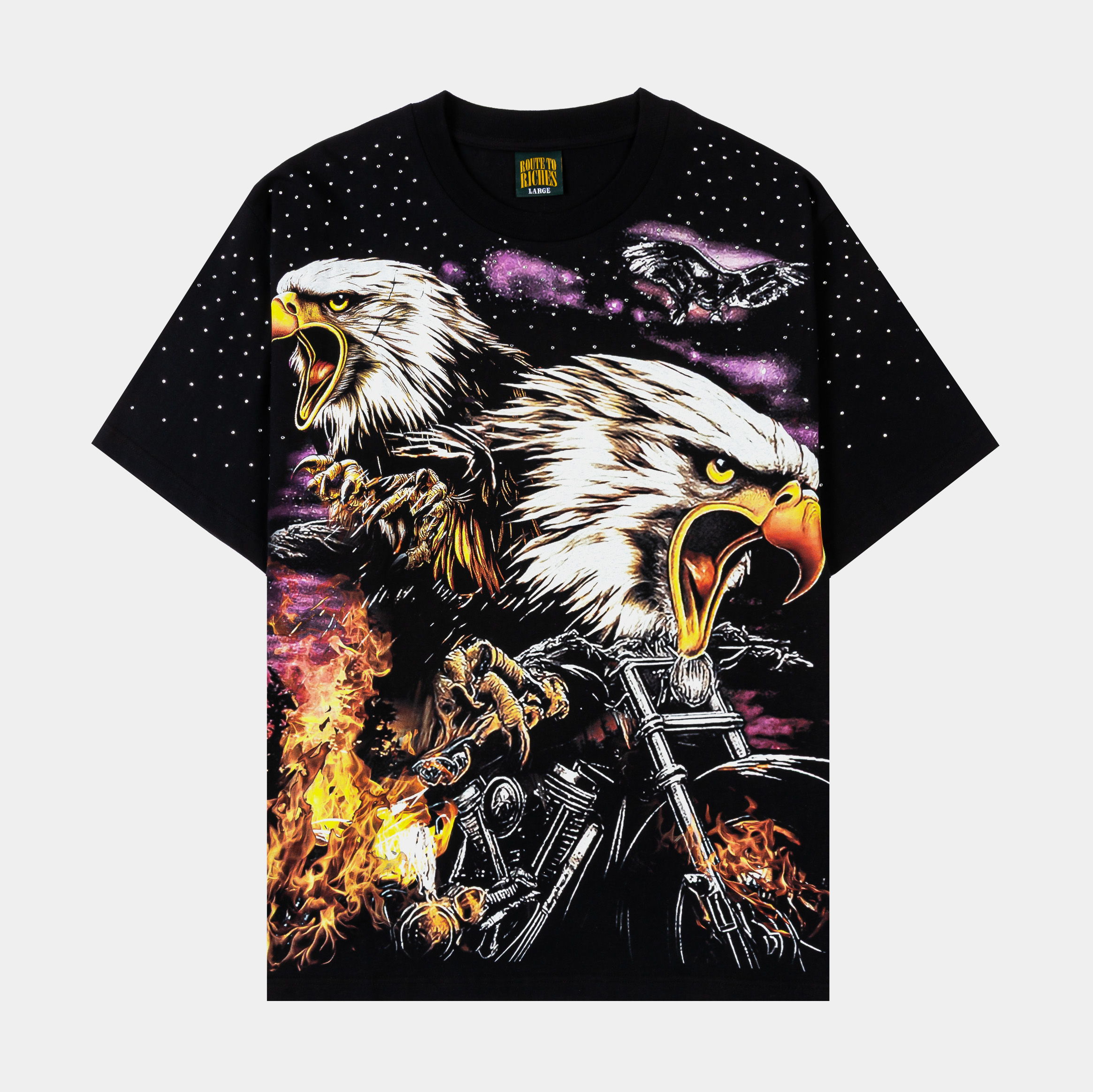 Black graphic t-shirt featuring roaring eagles and flames.