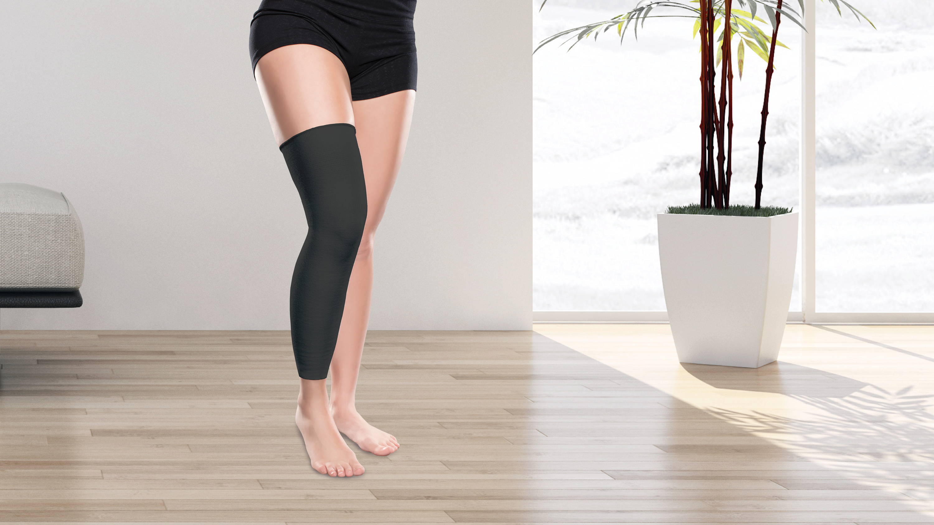 Woman wearing a Knit-Rite Knee Interface designed to protect from painful rubbing and irritation.