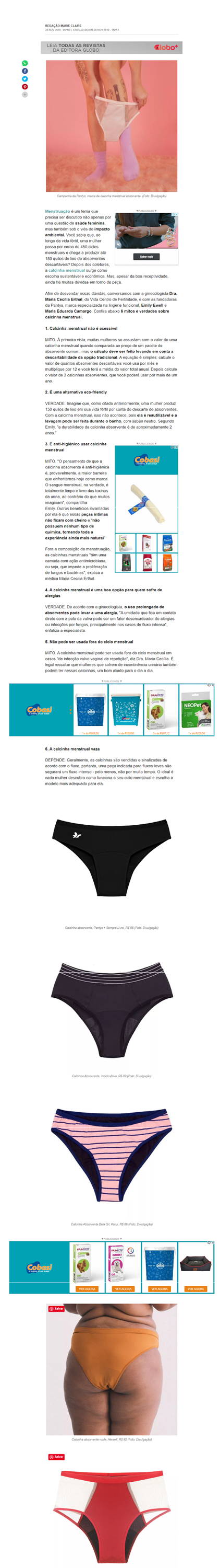 imagem da página do site Marie Claire com informações úteis sobre menstruação, mitos e verdades sobre o uso de calcinha absorvente