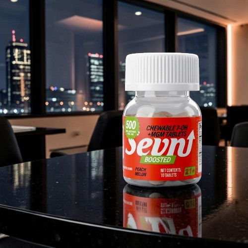 Bottle of Sevn supplement on a table with a city view at night.