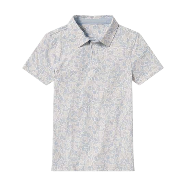 Short-sleeved floral patterned polo shirt with a collared neckline.