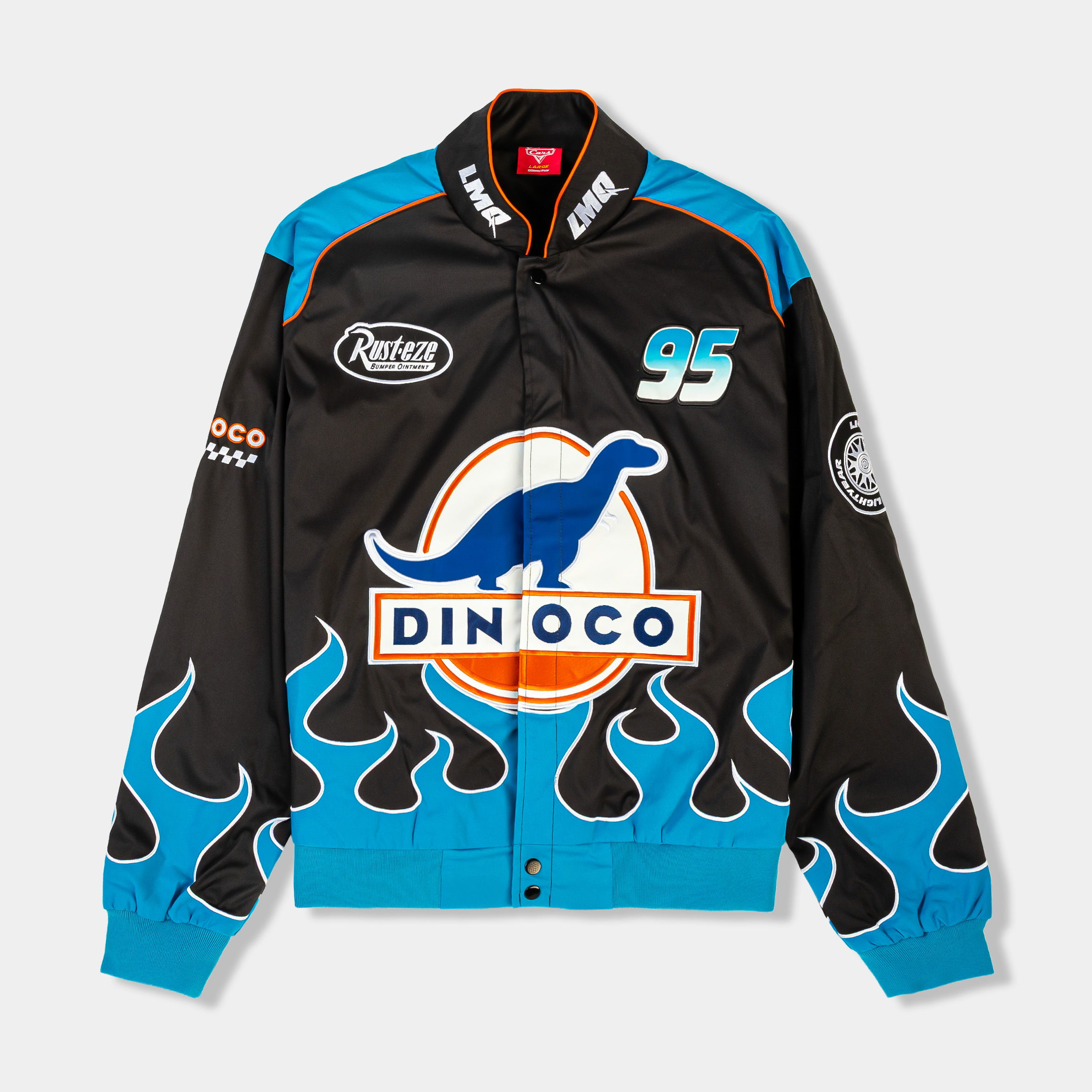 Dinoco-themed jacket with blue flames and racing logos.