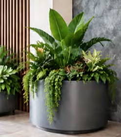 Round Planter with green plants in a round planter