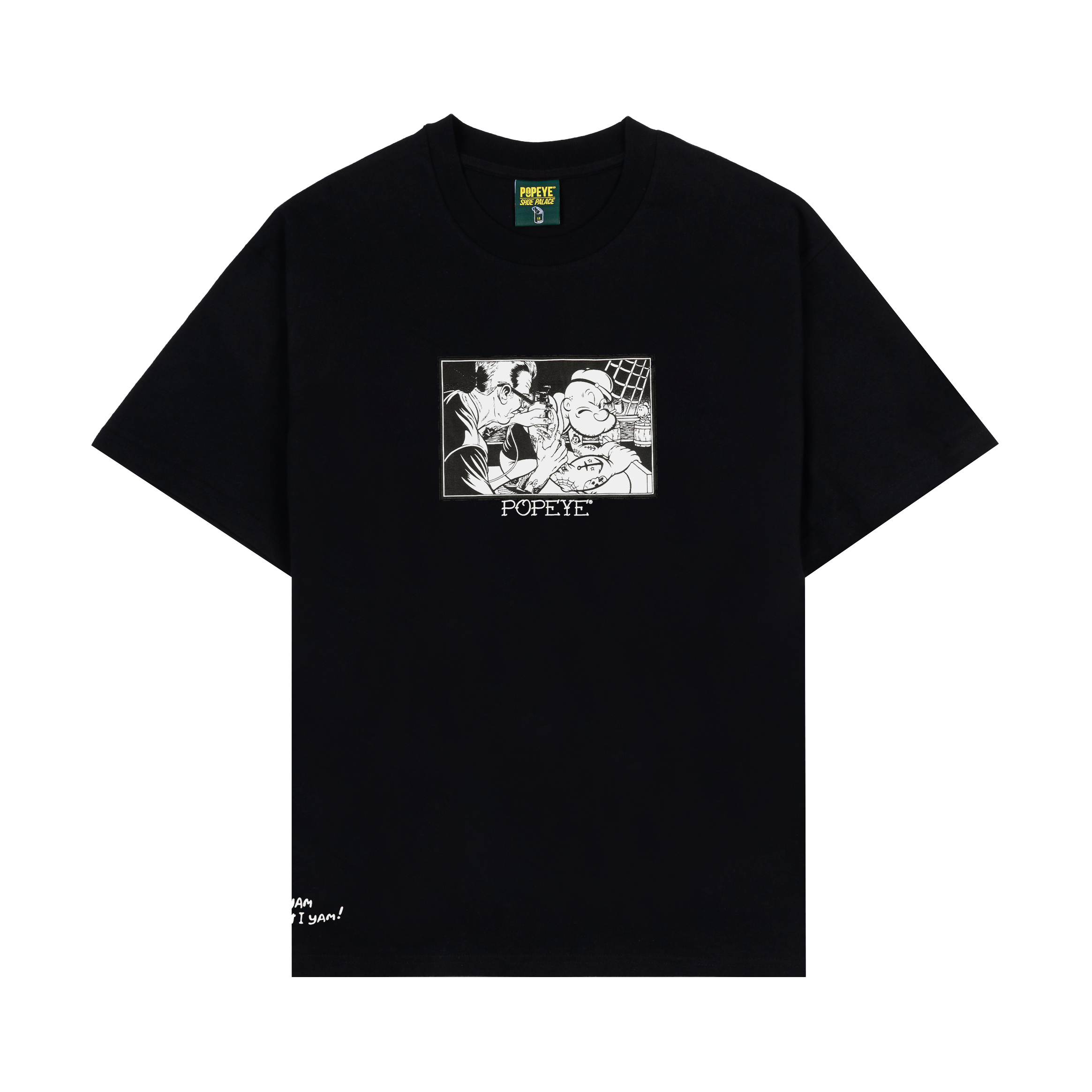 Black t-shirt with a graphic print in the center.