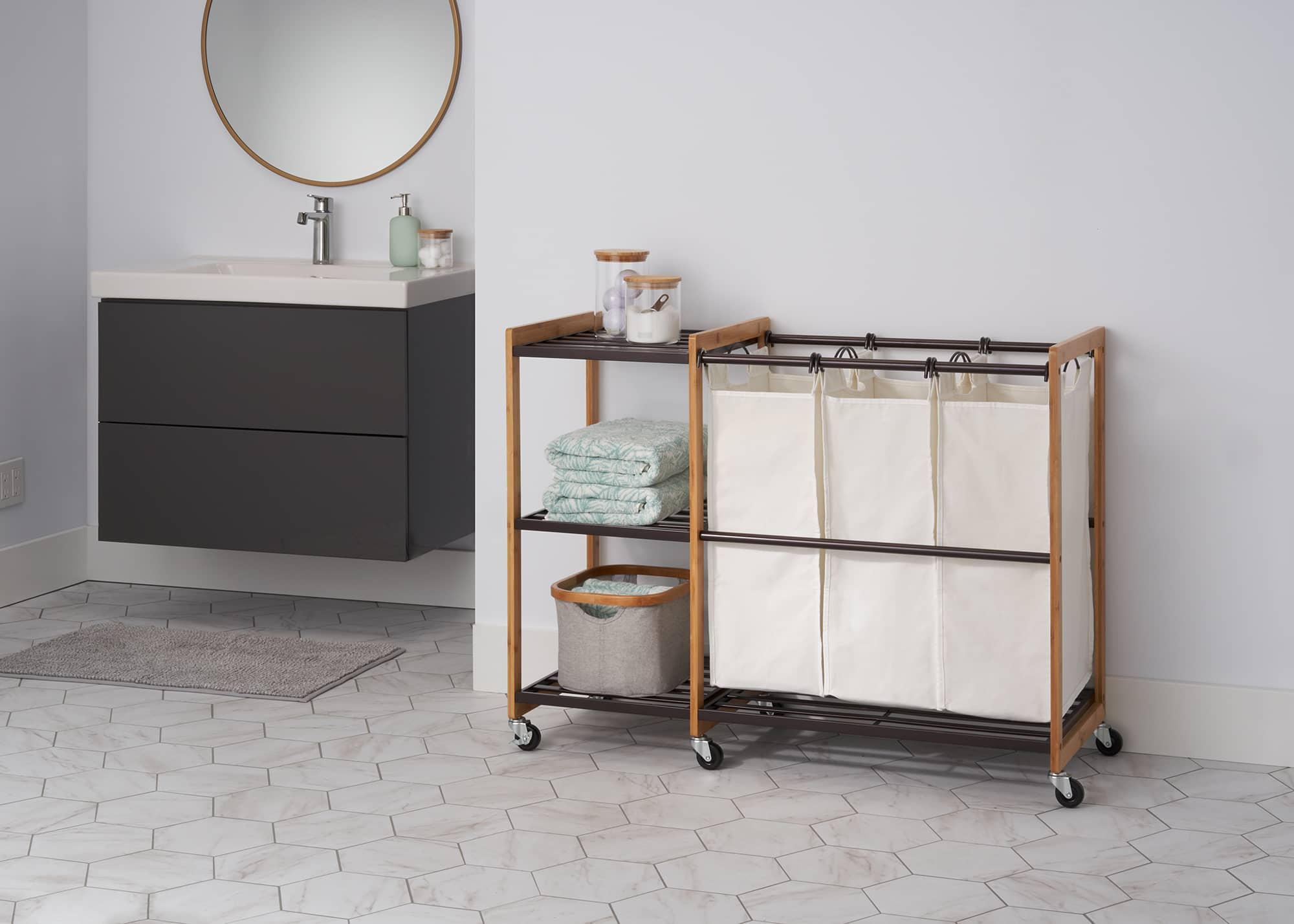 large, bathroom laundry station with wheels 