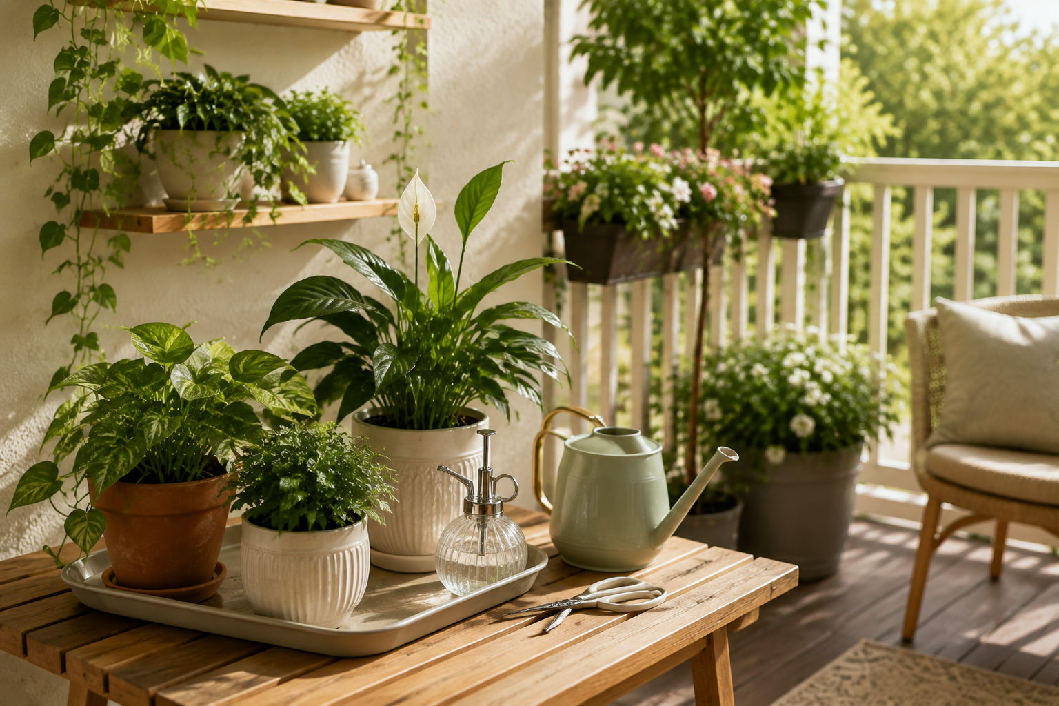 Indoor plants on a wooden table with a cozy seating area.