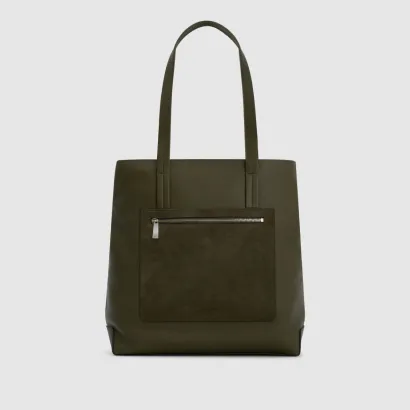 Olive green tote bag with two handles and a front zipper pocket.
