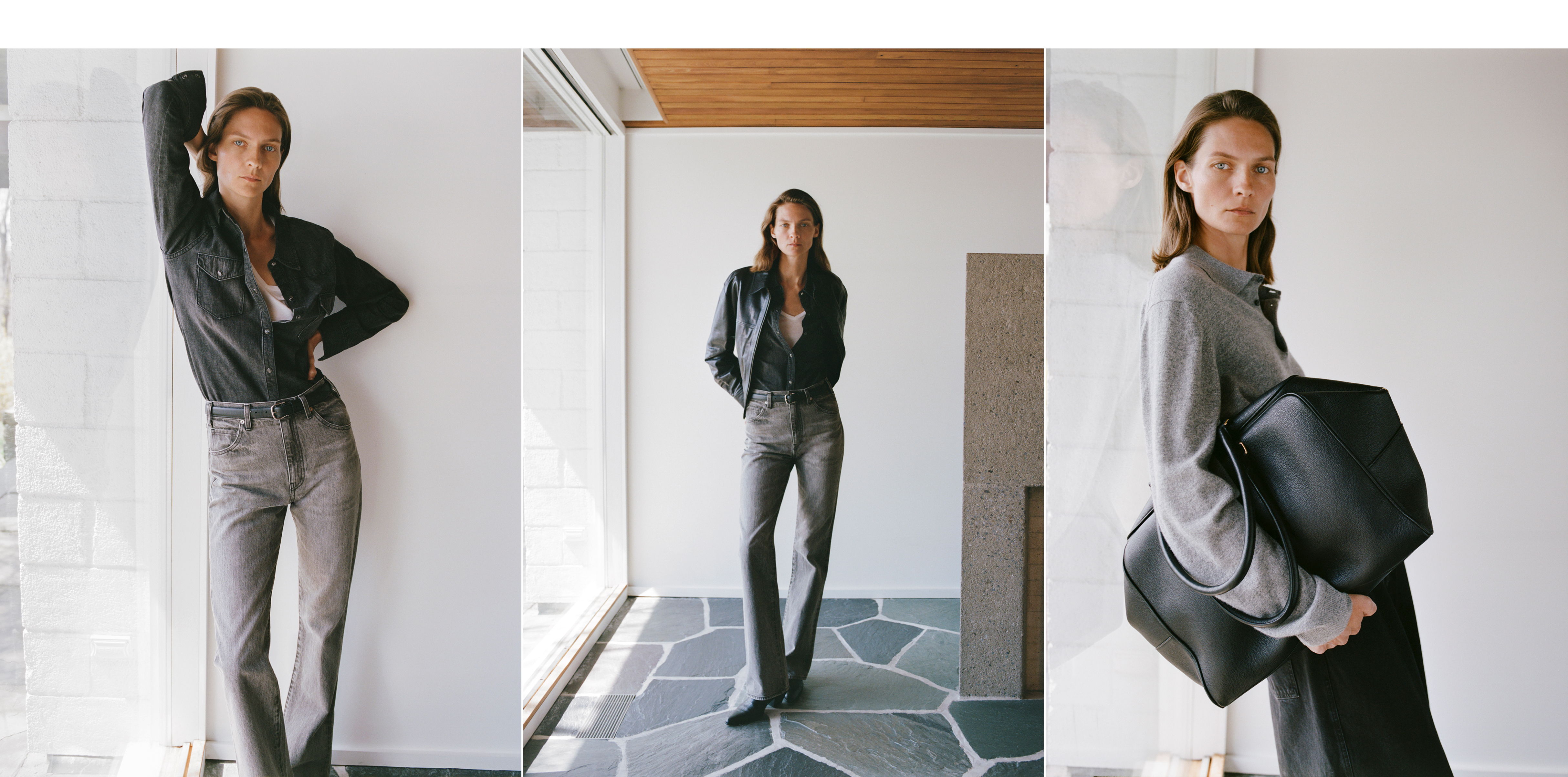 Three images of a woman in stylish outfits posing indoors.
