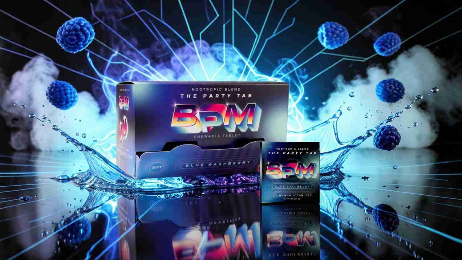 Colorful product packaging with abstract blue and purple background effects.