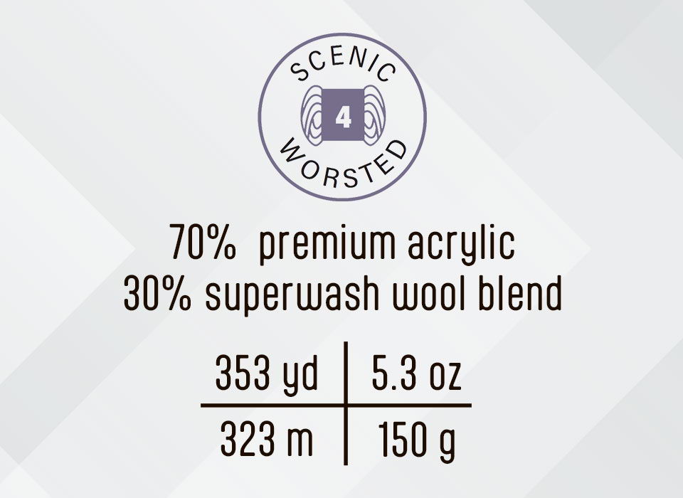 Label for Scenic Worsted yarn. 70% premium acrylic, 30% superwash wool blend, 353 yd, 5.3 oz, 323 m, 150 g
