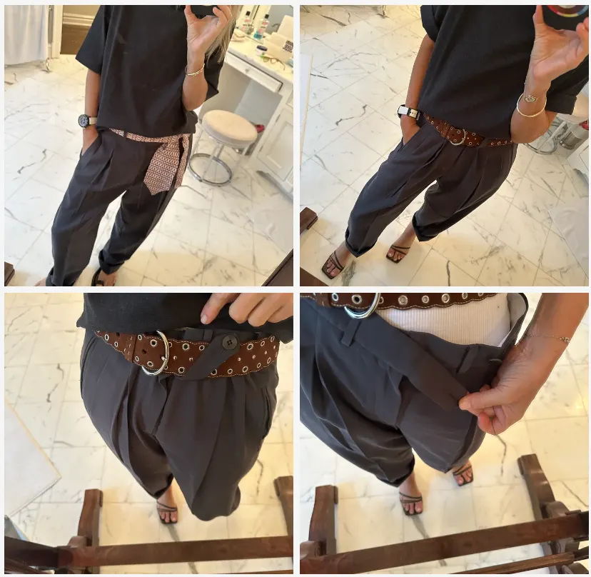 Person wearing stylish, loose pants and a decorative belt, posing in four angles.