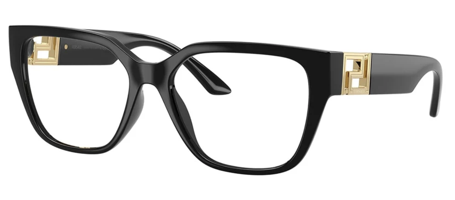 Black rectangular glasses with gold accents on the temples.