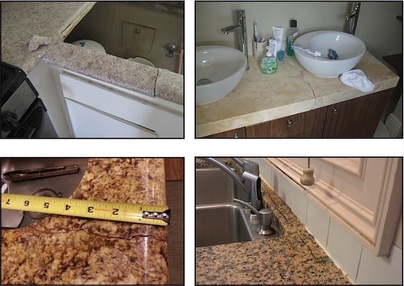 Collage of granite countertops and sinks in various settings.