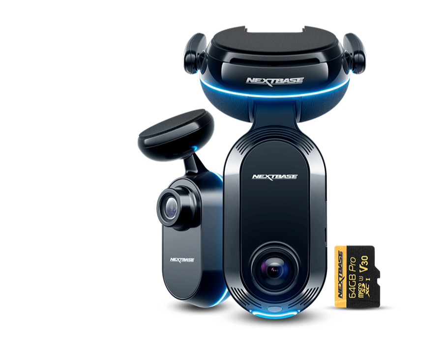 A sleek car dash cam with dual lenses and an SD card slot.