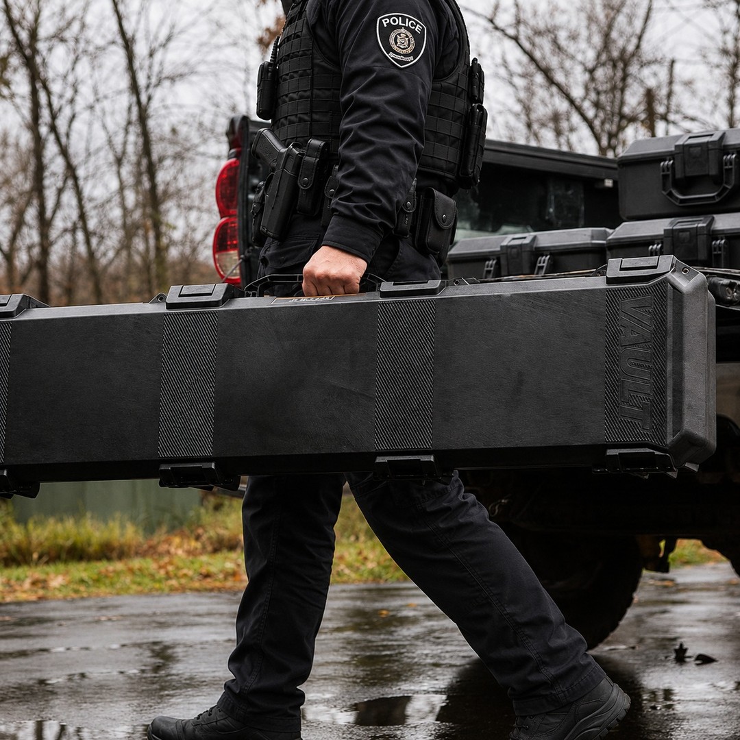 A person in tactical gear carries a large black case near a vehicle.