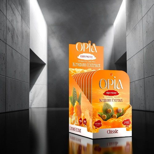 Packaging of Opia fruit-flavored dessert displayed in a modern setting.