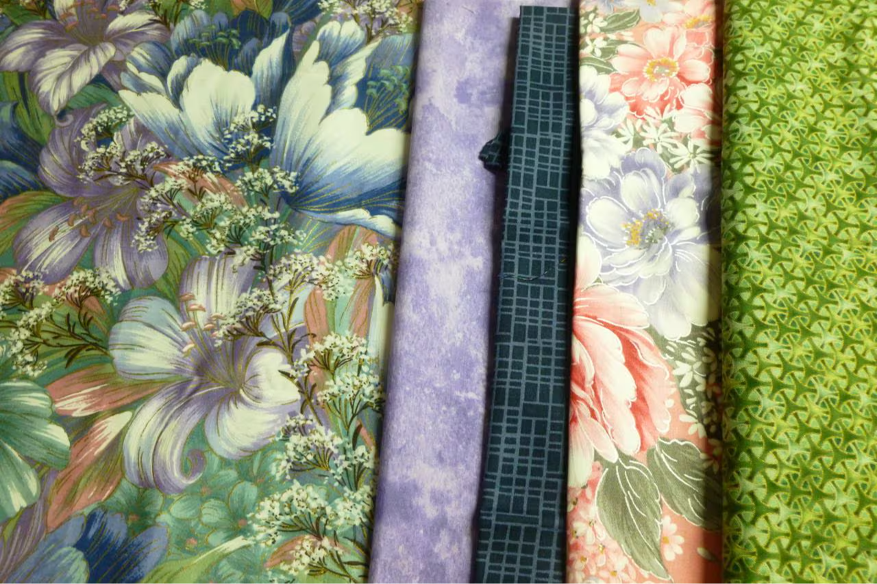 Example of fabrics with different prints that match for quilting