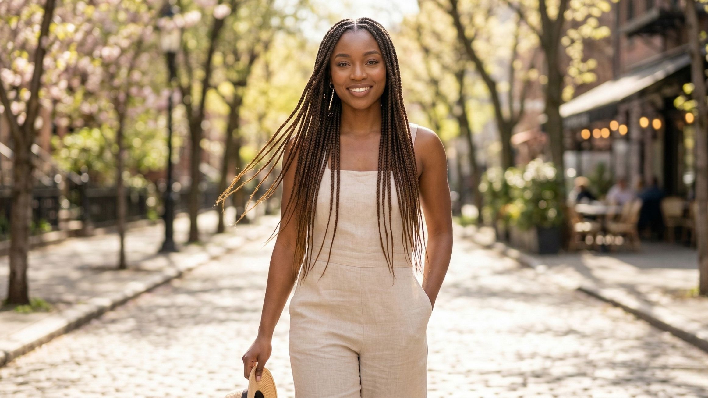 Smiling woman walking down a tree-lined street in casual attire.