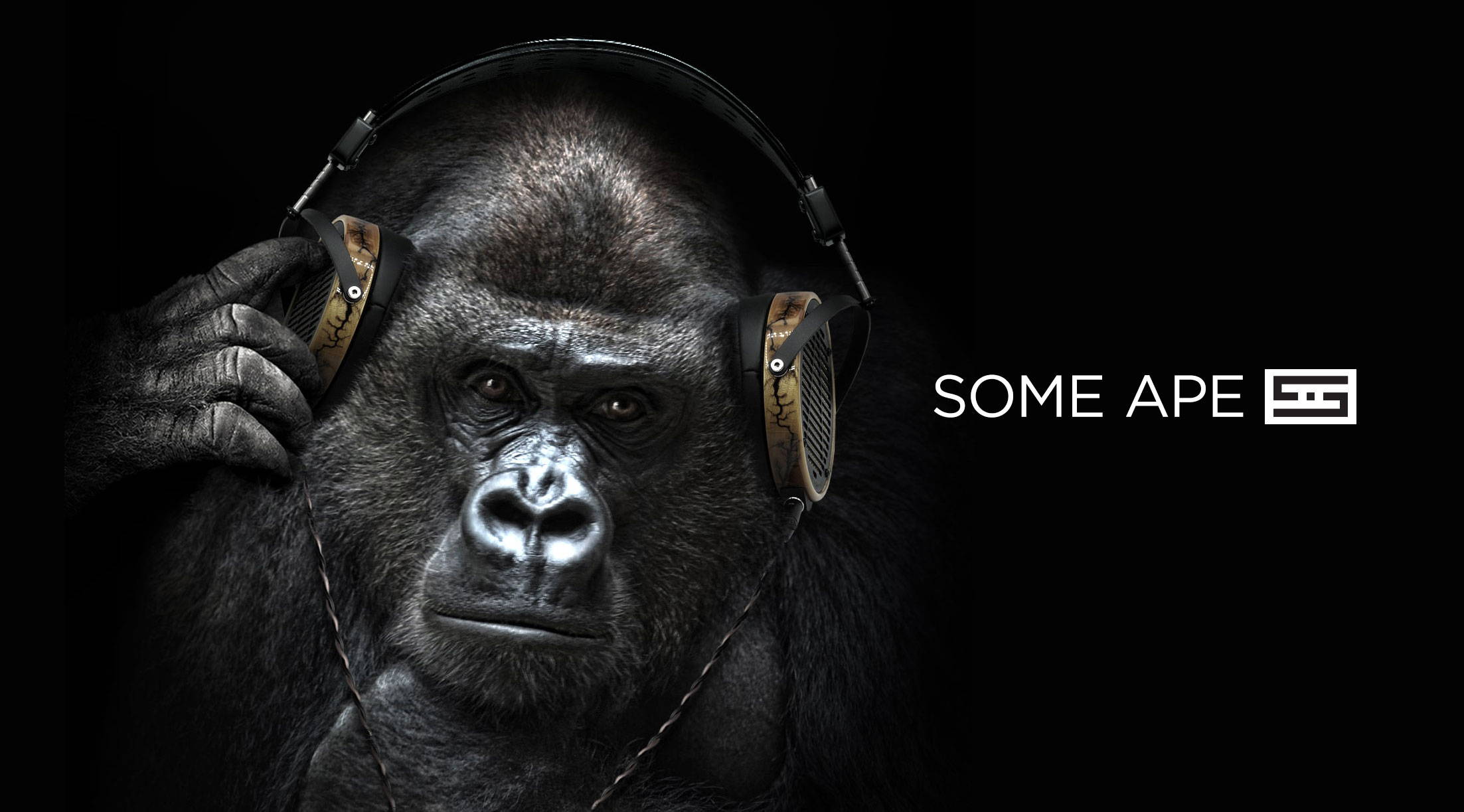 Gorilla wearing LCD-R headphones with Schiit logo