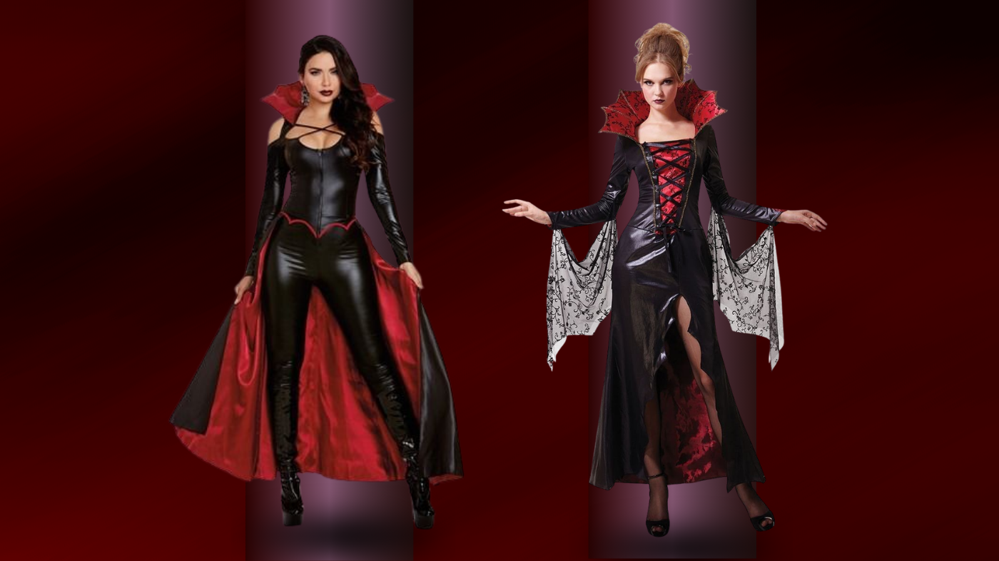 Two female demon cosplayers in dramatic dark fantasy makeup with horns, colored contact lenses, and infernal costume styling