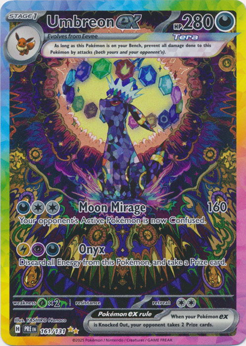 Umbreon EX Pokémon card with colorful design and stats.