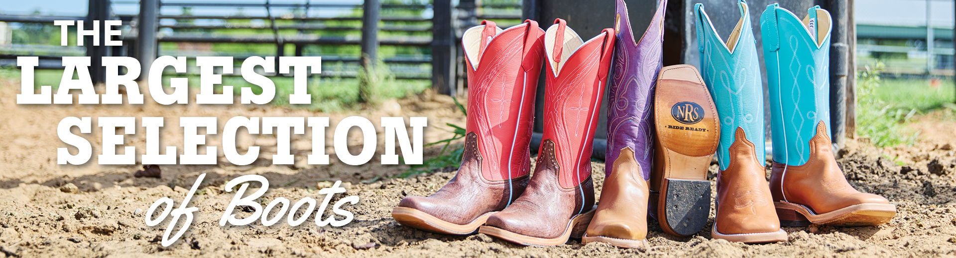 Colorful boots displayed with text promoting a large selection of boots.