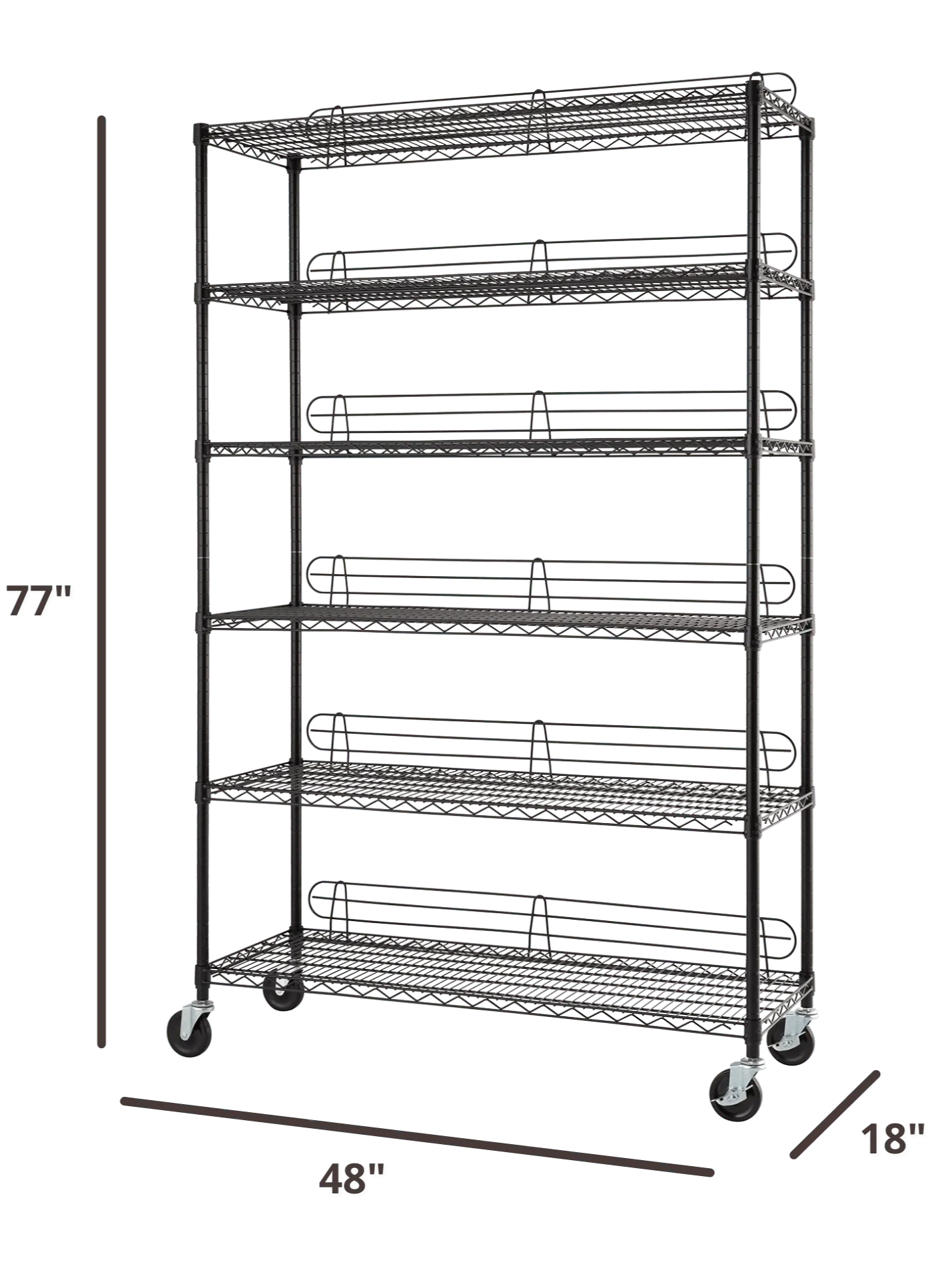 77 inches tall black shelving rack with wheels, 48 inches wide, 18 inches deep