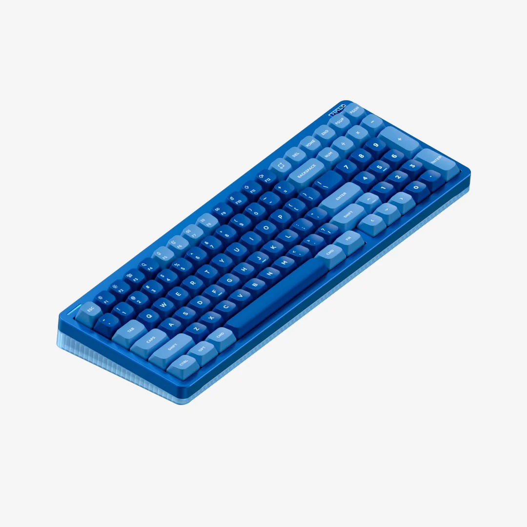 Blue transparent keyboard on a light background.