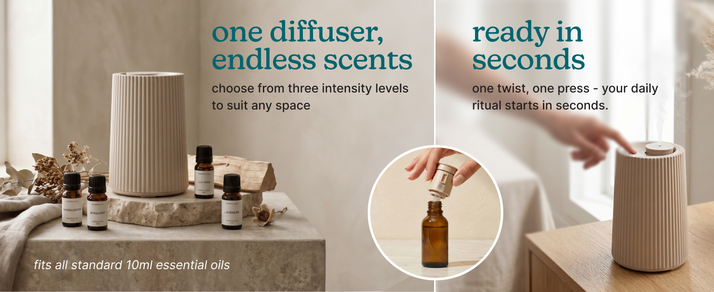 A diffuser with essential oils, highlighting convenience and variety of scents.
