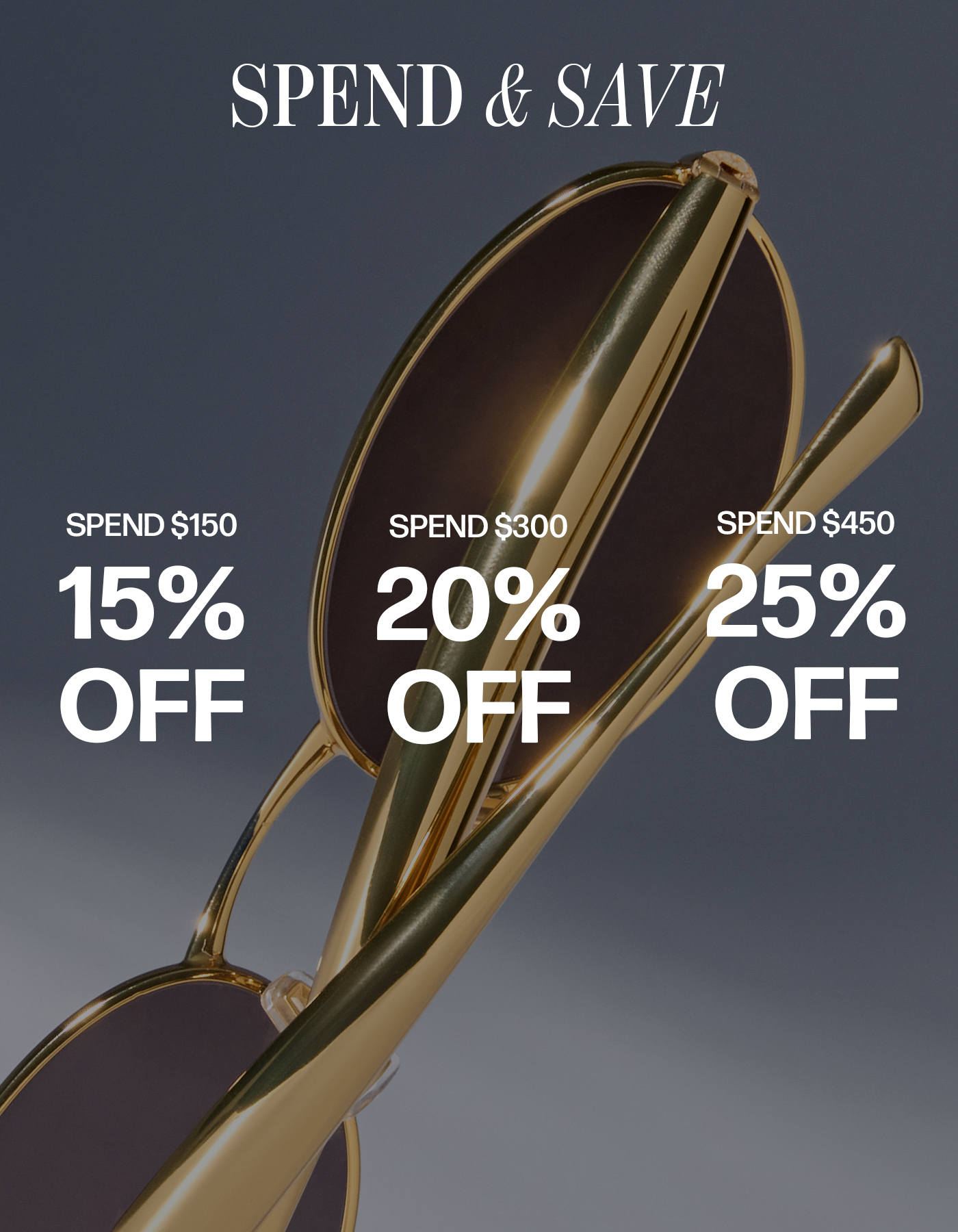 Promotional graphic for sunglasses discounts based on spending tiers.