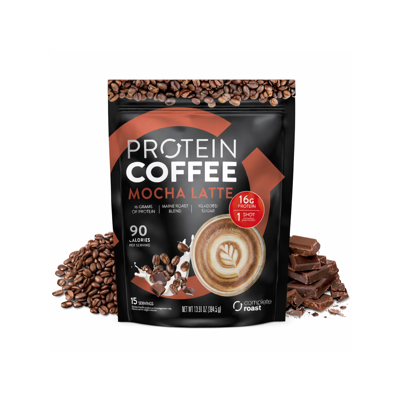 Protein Coffee Mocha Latte package with coffee beans and chocolate pieces.