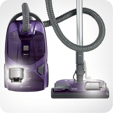 Purple vacuum cleaner with a flexible hose and cleaning head attachment.