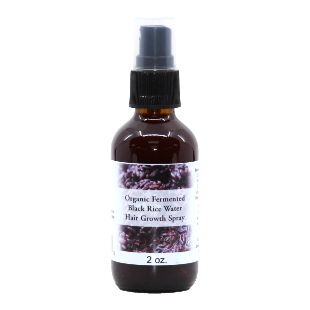Organic fermented black rice water mist growth spray in a 2 oz bottle.