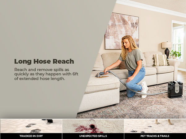 A woman cleans a couch with a long reach hose