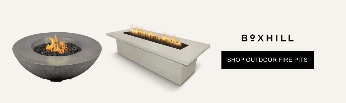 Boxhill outdoor fire pits promotion featuring round and rectangular fire pit designs.