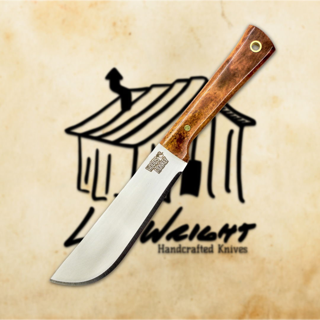 A handcrafted knife in front of a logo and rustic background.