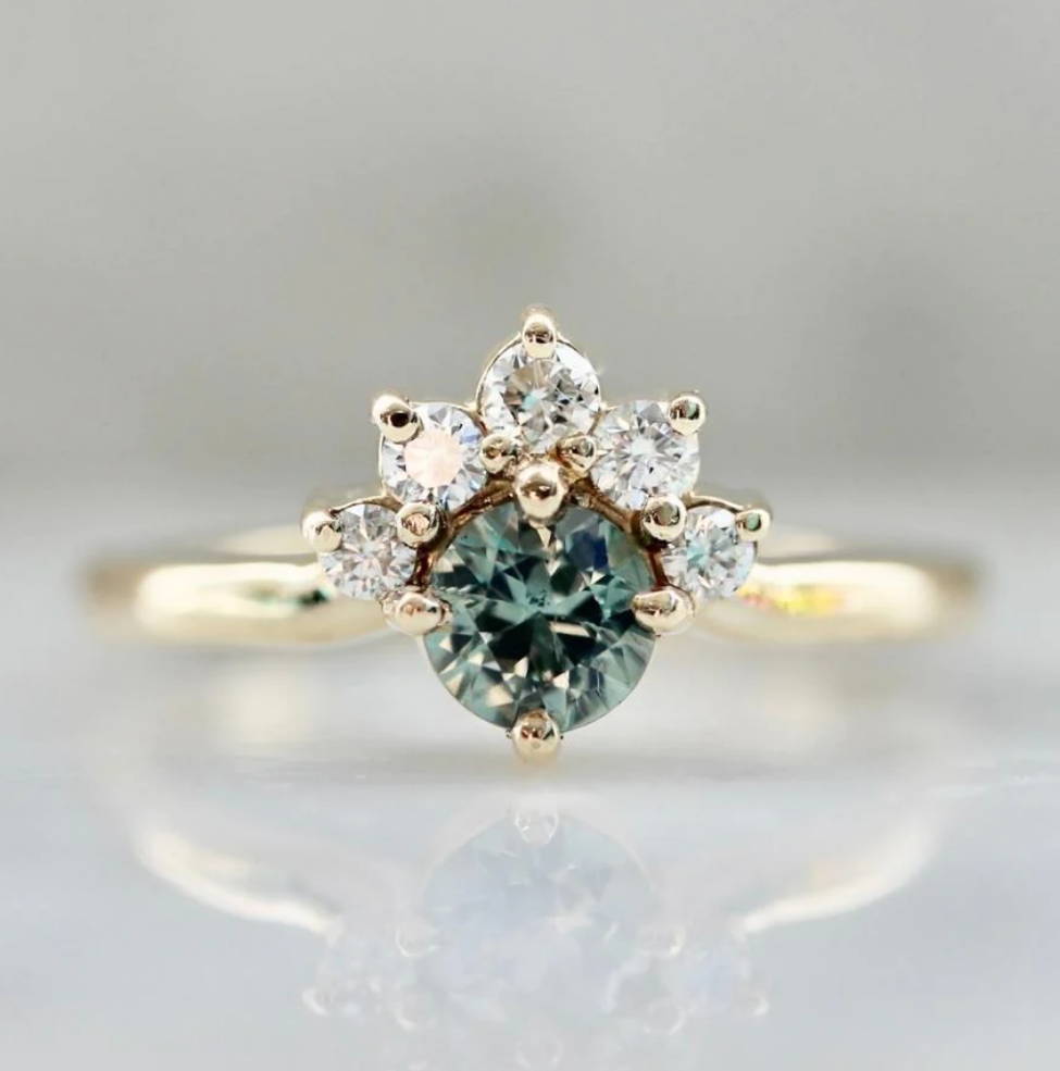 light teal asymmetrical sapphire ring