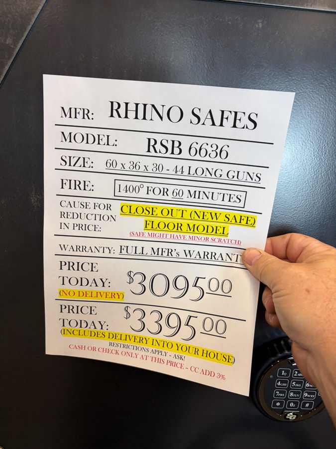 RHINO RSB6636 gun safe exterior with sale price tag on door - SES spring cleaning sale