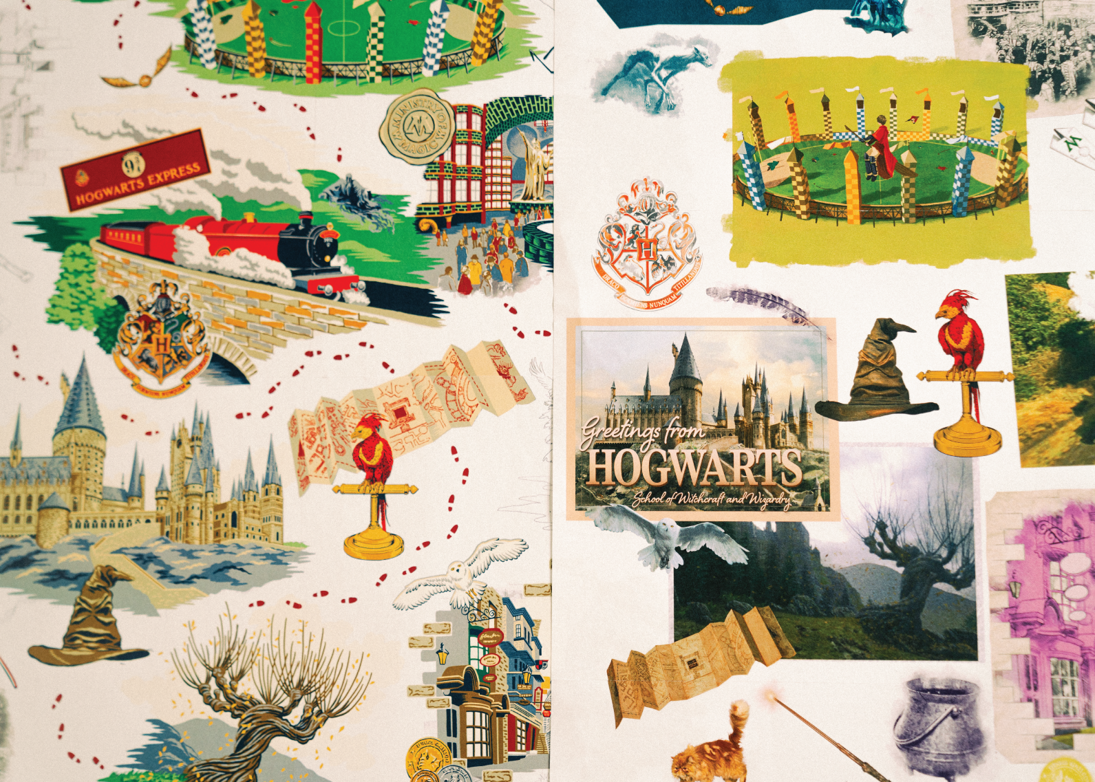 Collage of Hogwarts-themed illustrations and designs.