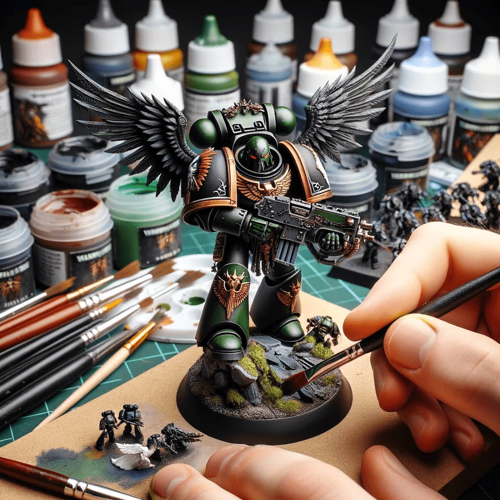A highly detailed image depicting the intricate process of painting Warhammer 40K Dark Angels miniatures