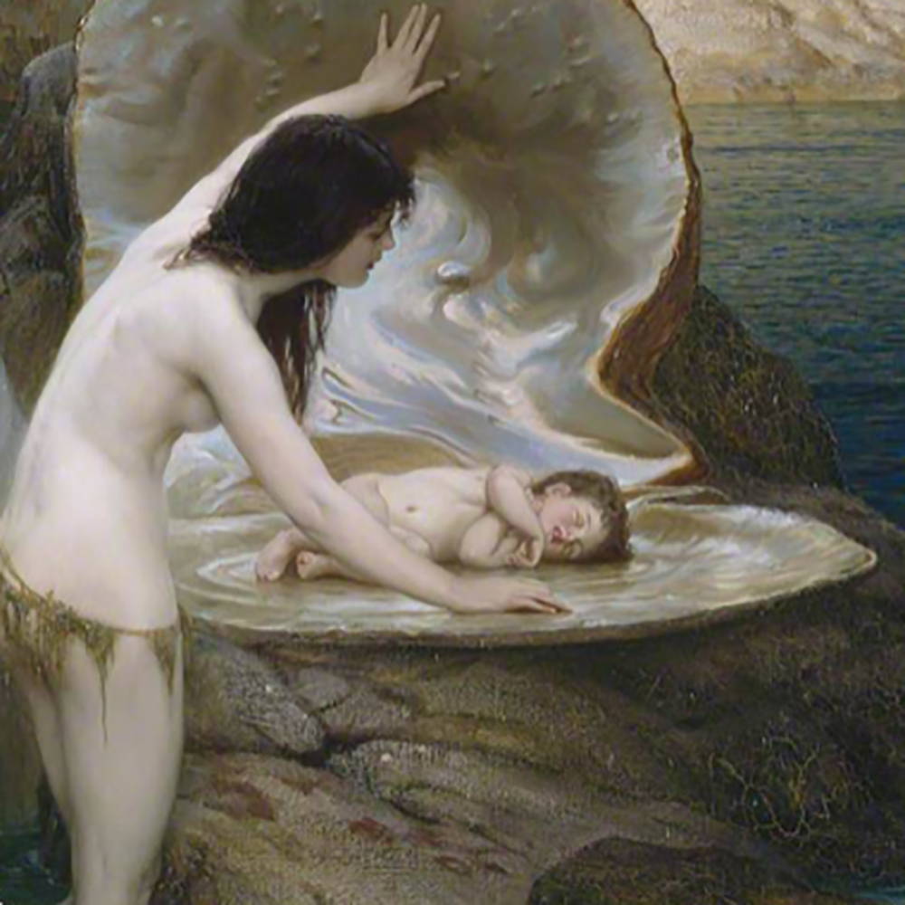 Illustration of Mother Discovering Baby in Shell