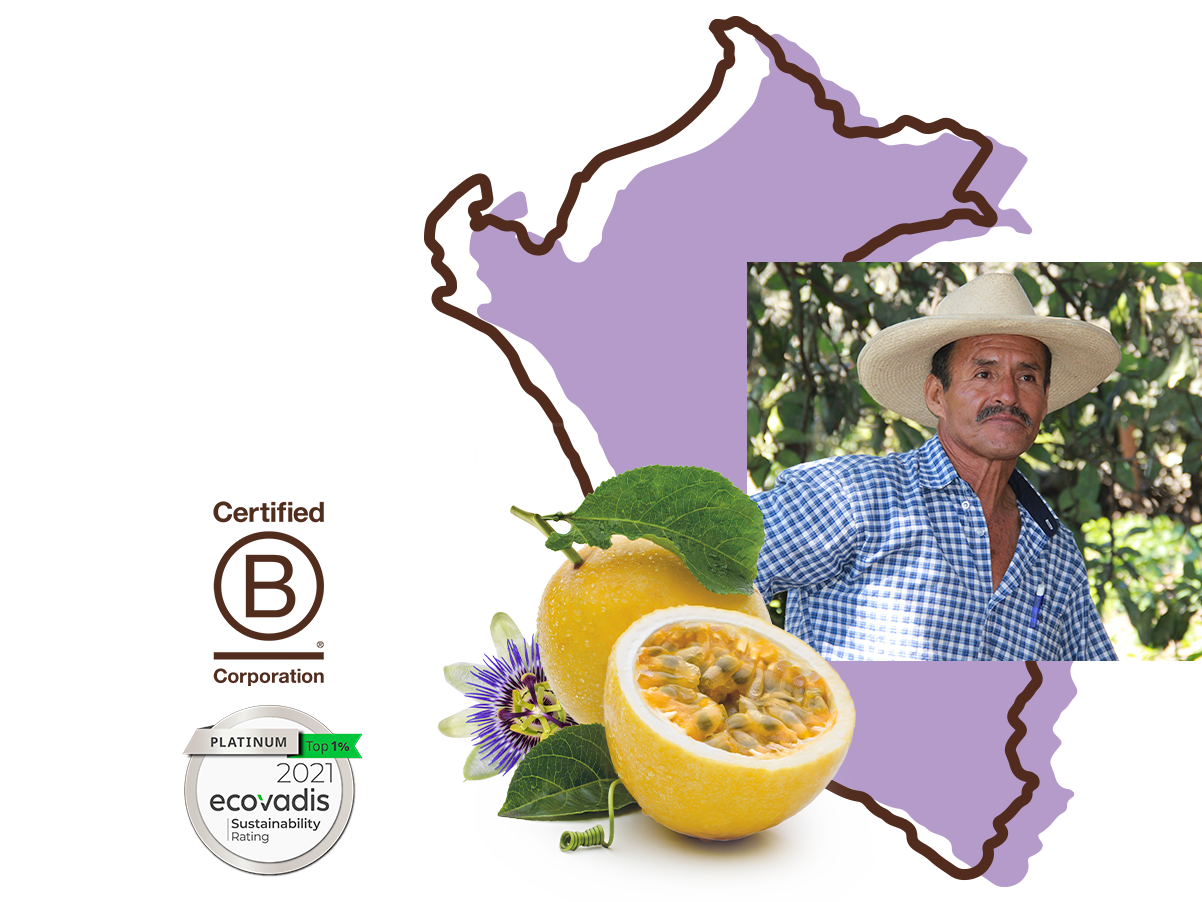Peruvian farmers with passion fruit seeds that they upcycle