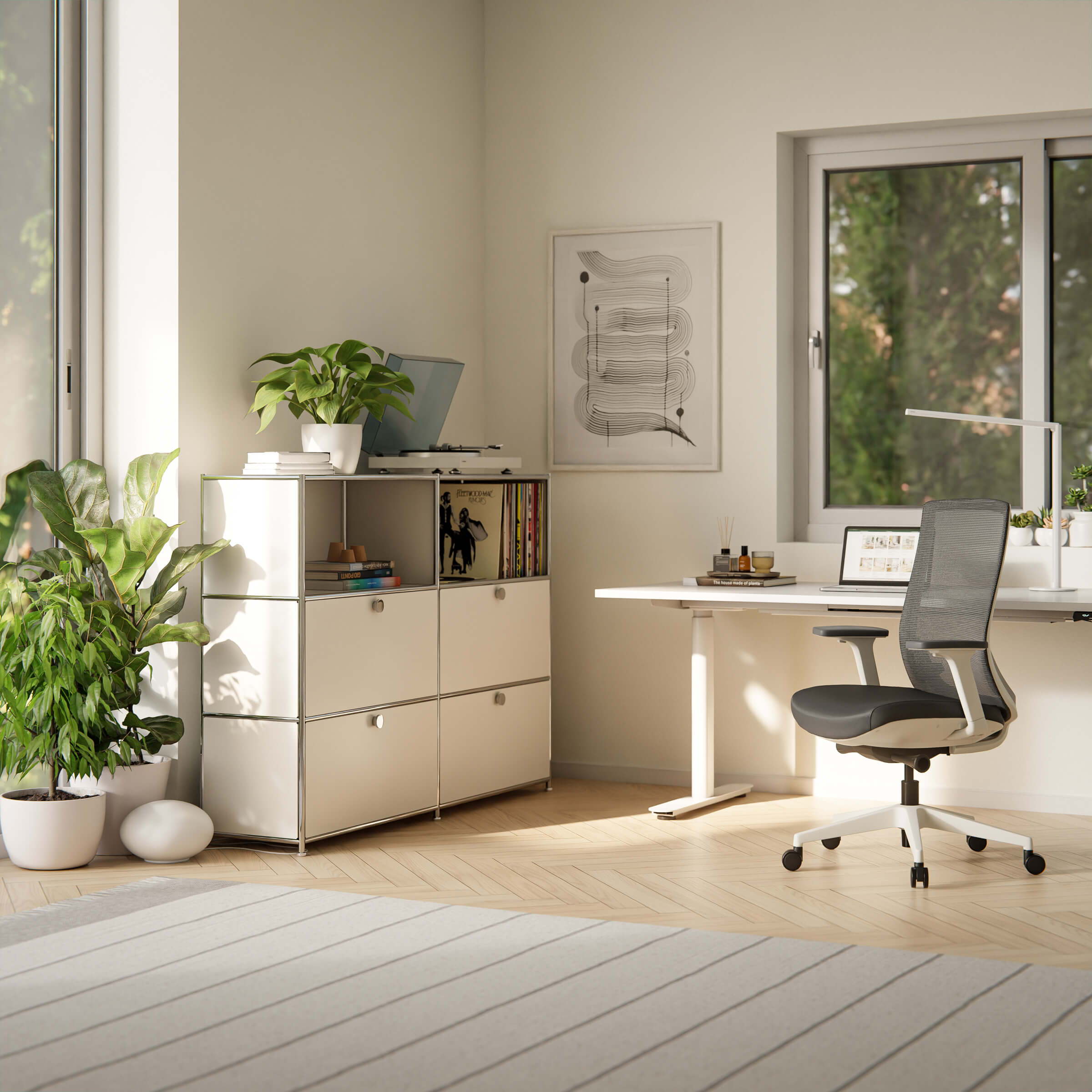 Modernes Homeoffice mit einem Cubox Sideboard neben einem ofinto Bürotisch