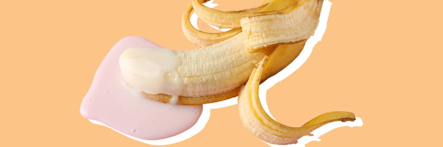 Banner graphic shows an image of a banana with yogurt around the tip. Background color is a light orange.