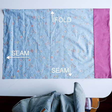 a picture with text showing what seams need to be sewn to make a pillowcase