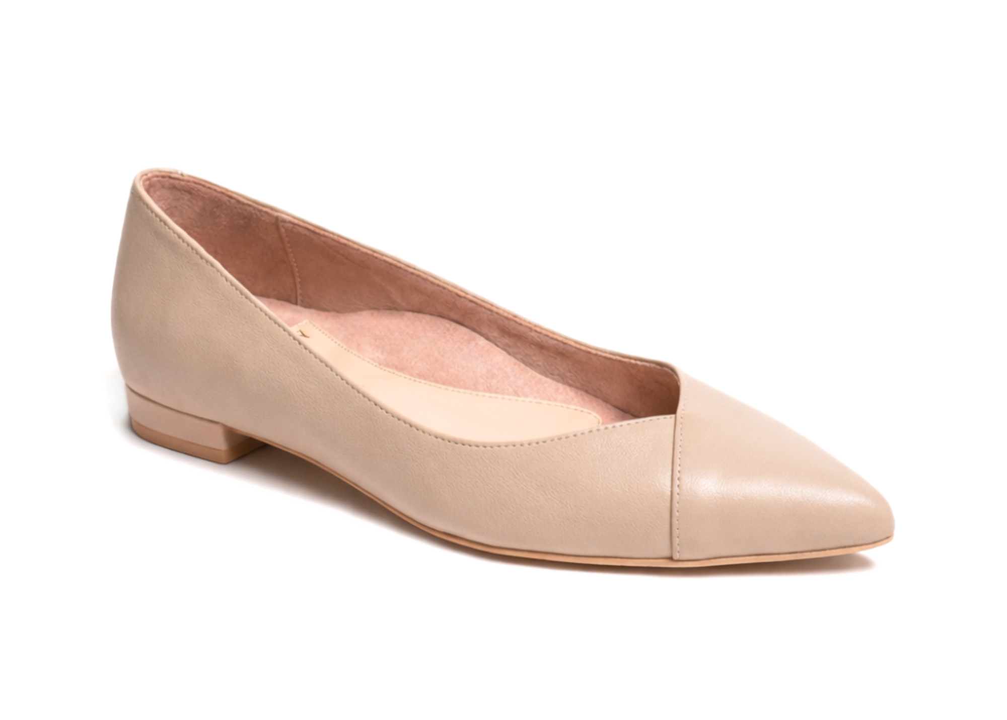 Beige pointed-toe flat shoe with a low heel.