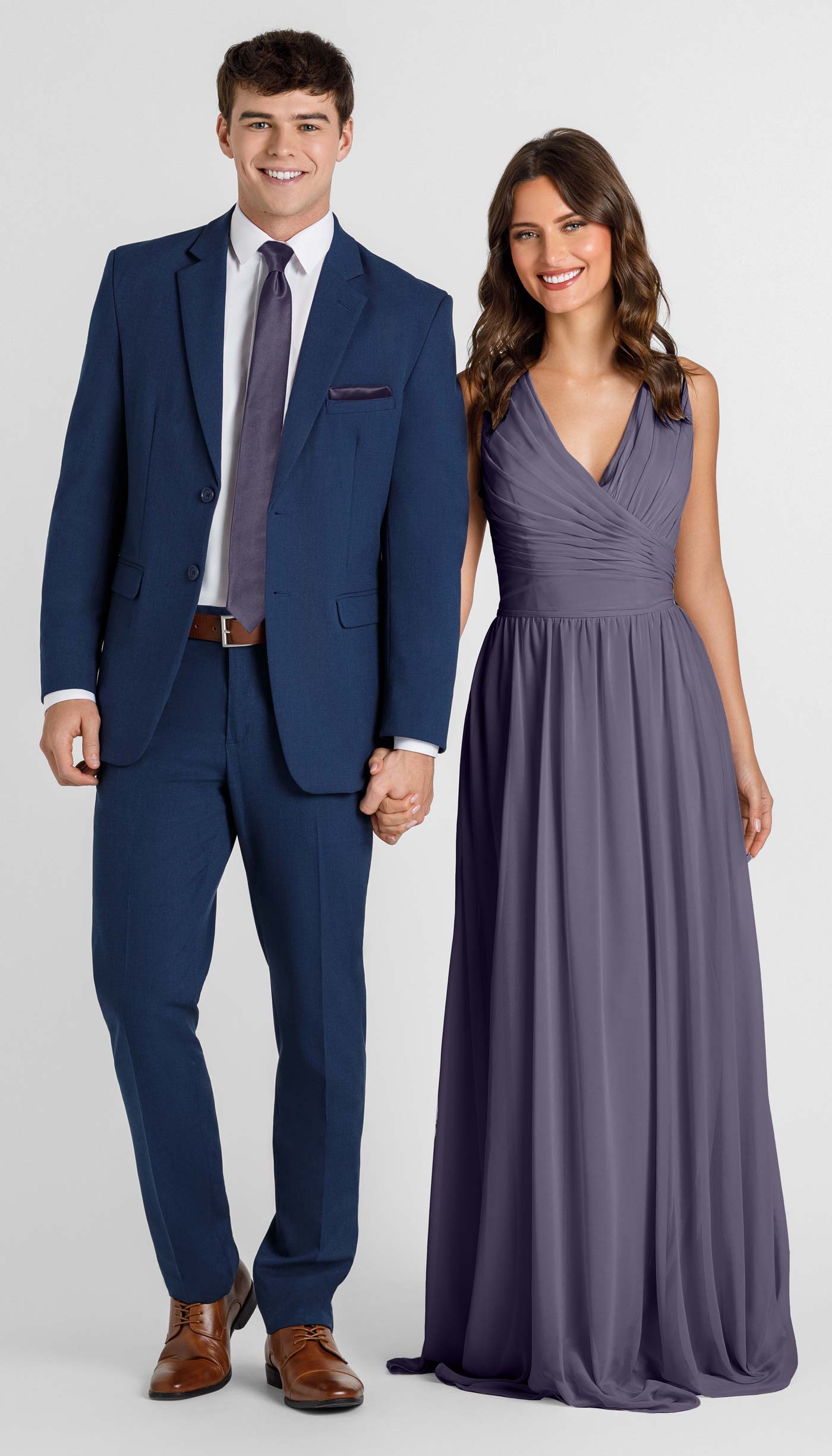 navy suit with amethyst bridesmaid dress