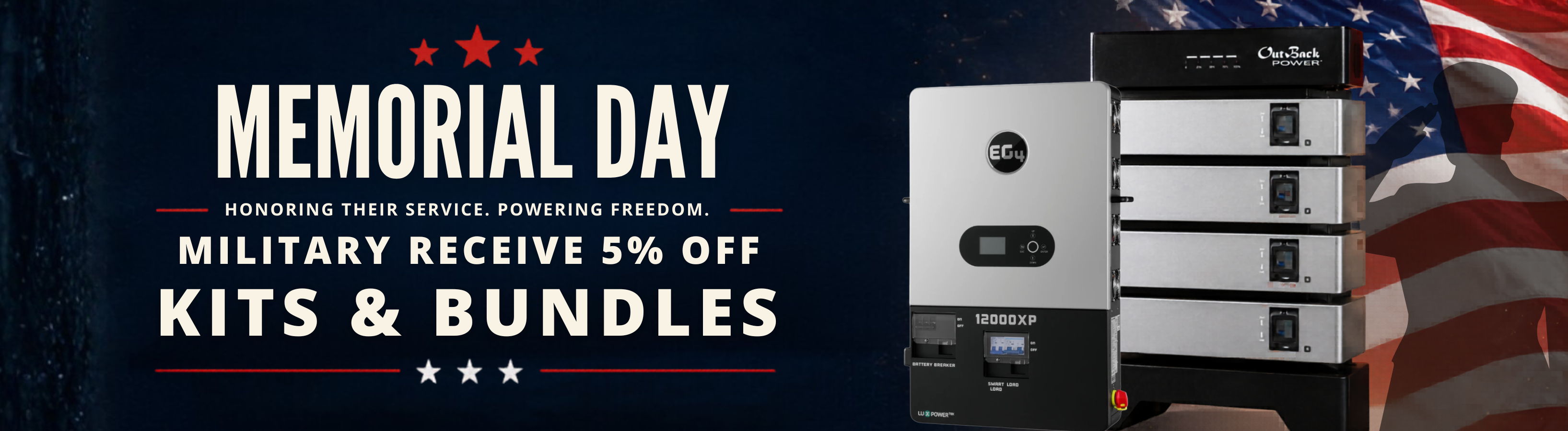 Military members receive 5% off kits and bundles this Memorial Day showing 12000XP and Outback Power bundle with flag background. Shop kits and bundles CTA.