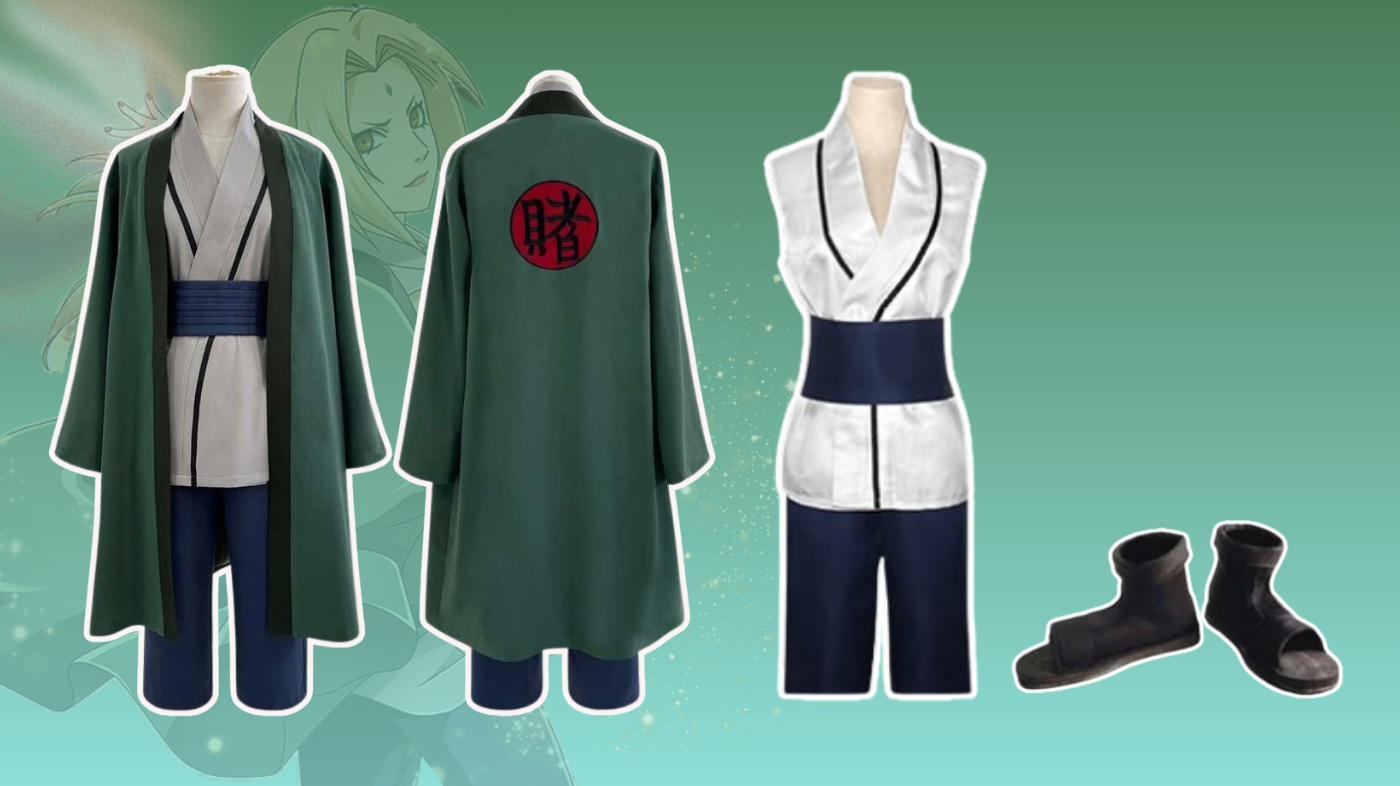 Tsunade cosplay costume from Naruto featuring green haori, gray kimono top, blue obi sash, and shinobi-style outfit