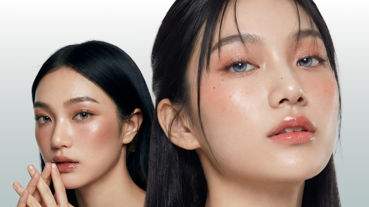 Model wearing EyeCandys circle enlarging lenses with dolly eye effect for K-beauty and cosplay looks